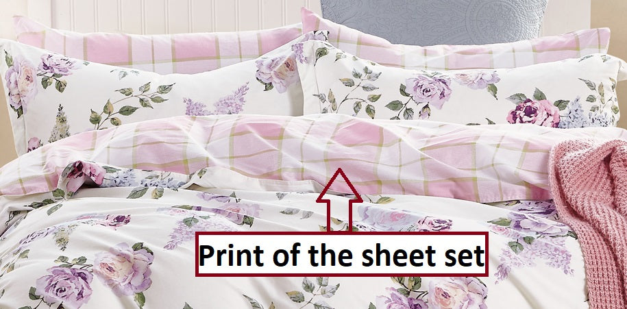 Pink Purple Roses 100% Cotton Sheet Set: Fitted Sheet, Flat Sheet and Two Pillowcases