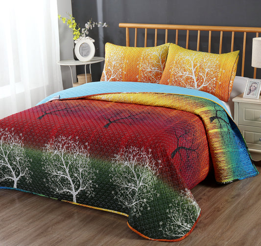 Queen Rainbow Tree Bedspread Coverlet Quilt Set (Yellow Shams) + Flat Sheet