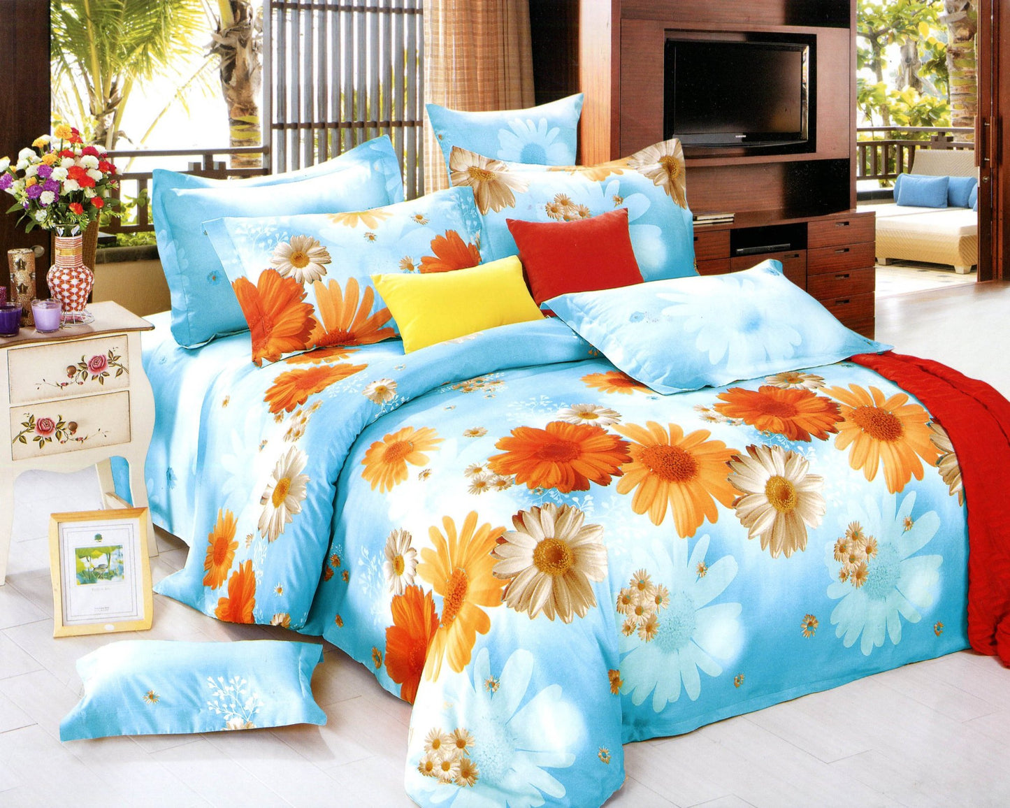 blue floral cotton duvet cover set, floral print at the reverse side.