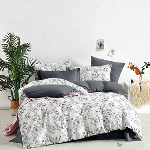Leaves & Gray 3-Piece Polyester Bedding Set: Duvet Cover and Pillow Shams