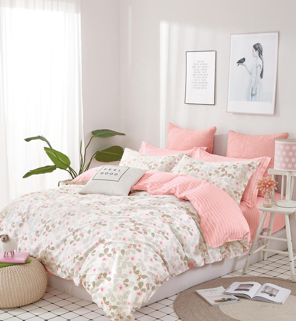 Pink Blossom 100% Cotton Bedding Set: Duvet Cover+ Pillow Sham(s) (or + Both Pillow Shams+Pillowcases)