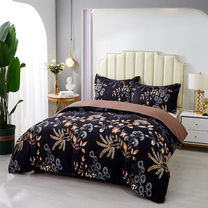 Black Floral 3-Piece Microfiber Bedding Set: Duvet Cover and Pillow Shams