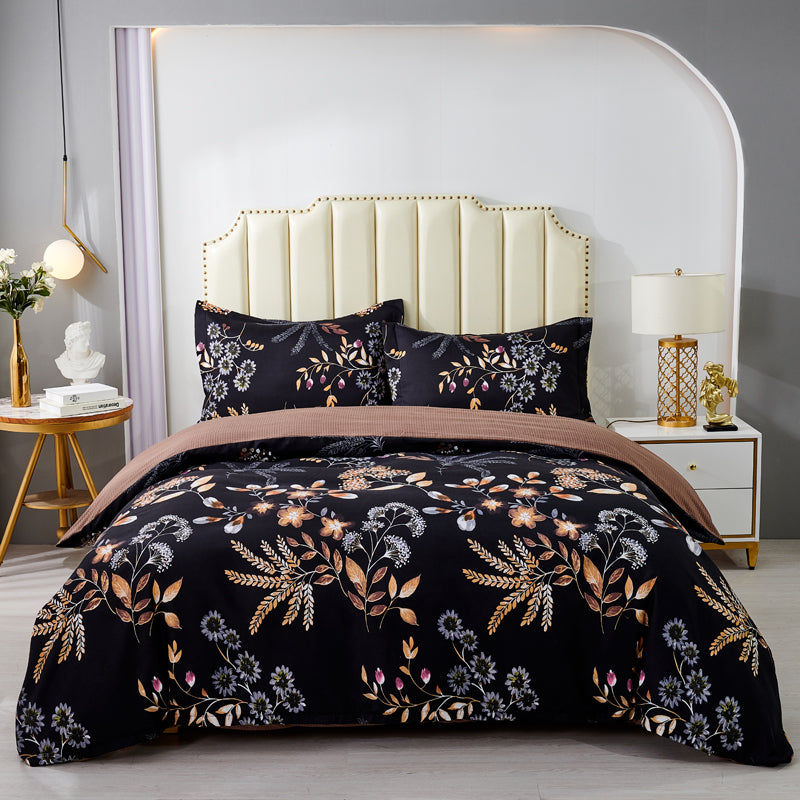Black Floral 3-Piece Microfiber Bedding Set: Duvet Cover and Pillow Shams