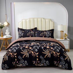 Black Floral 3-Piece Microfiber Bedding Set: Duvet Cover and Pillow Shams