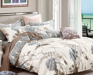 Daisy Silhouette cream floral cotton duvet cover set, grey floral print at the reverse side.
