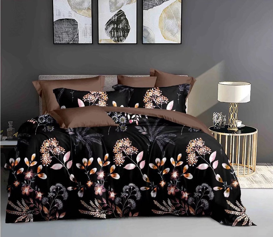 Black Floral 3-Piece Microfiber Bedding Set: Duvet Cover and