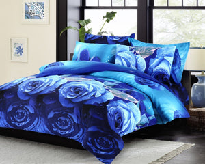 Blue Roses microfiber duvet cover set, blue floral print at the reverse side.