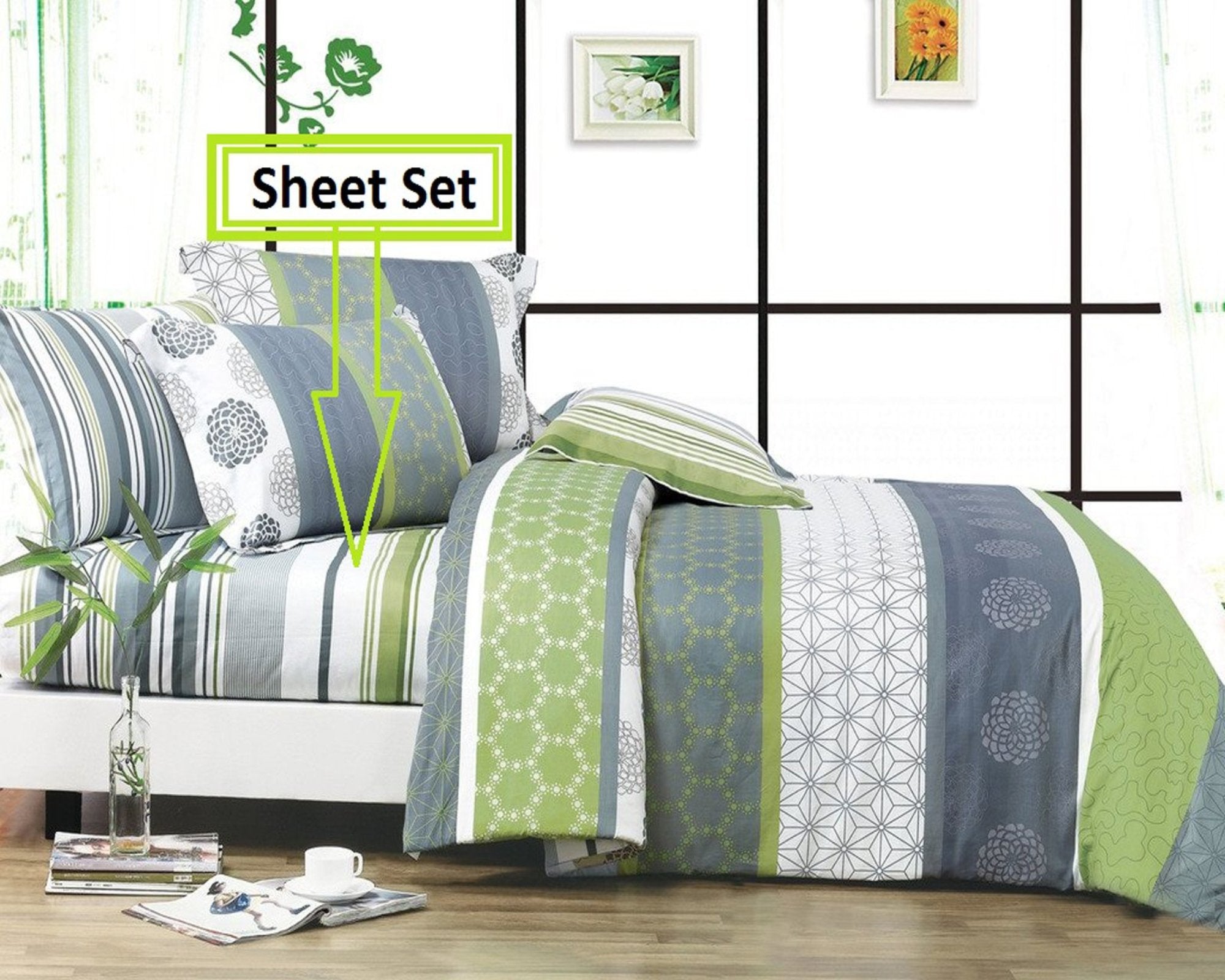 Serene Green Cotton Duvet Cover Set, striped print at the reverse side.