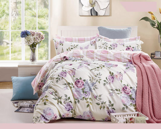 Pink Purple Roses 5 Piece 100% Cotton Bedding Set: Duvet Cover, Two Pillowcases and Two Pillow Shams