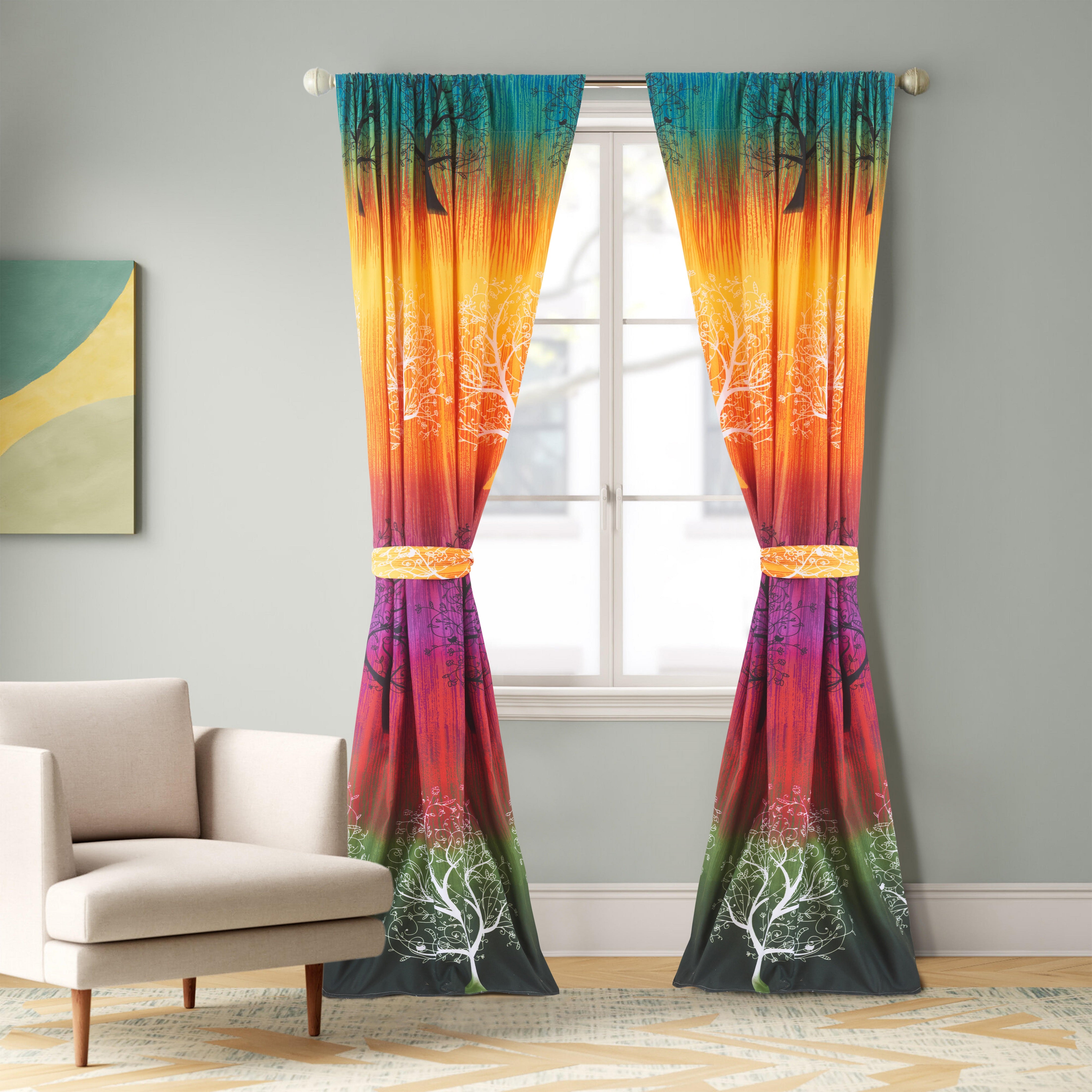 Rainbow Tree Curtain Panel Set: Two Panels and Two Tiebacks, 84-Inch Long