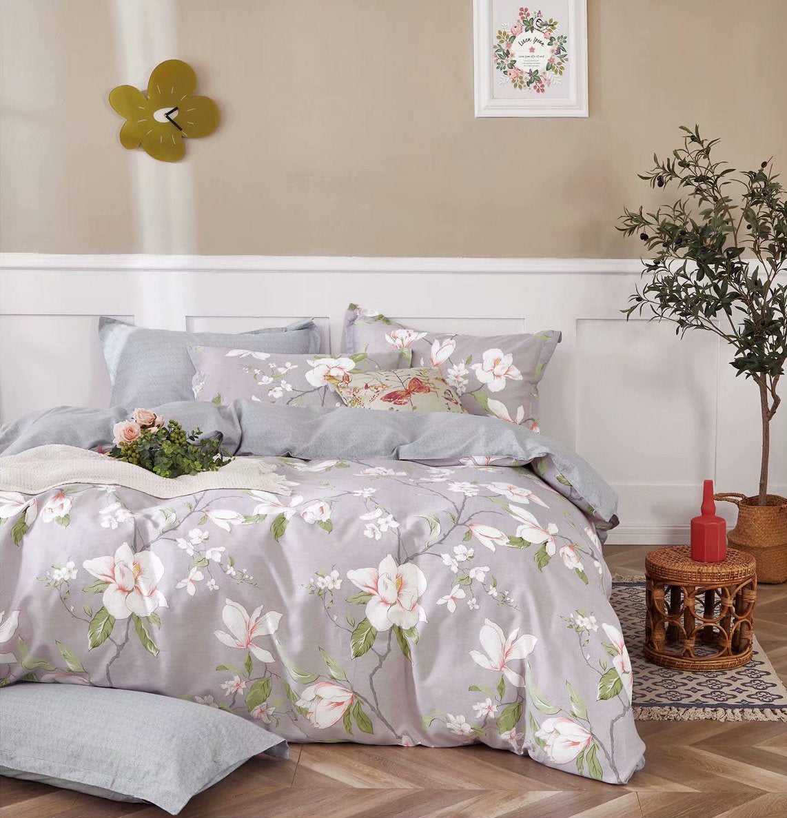 Magnolia 100% Cotton Bedding Set: Duvet Cover + Pillow Shams (or + Both Pillow Shams and Pillowcases)
