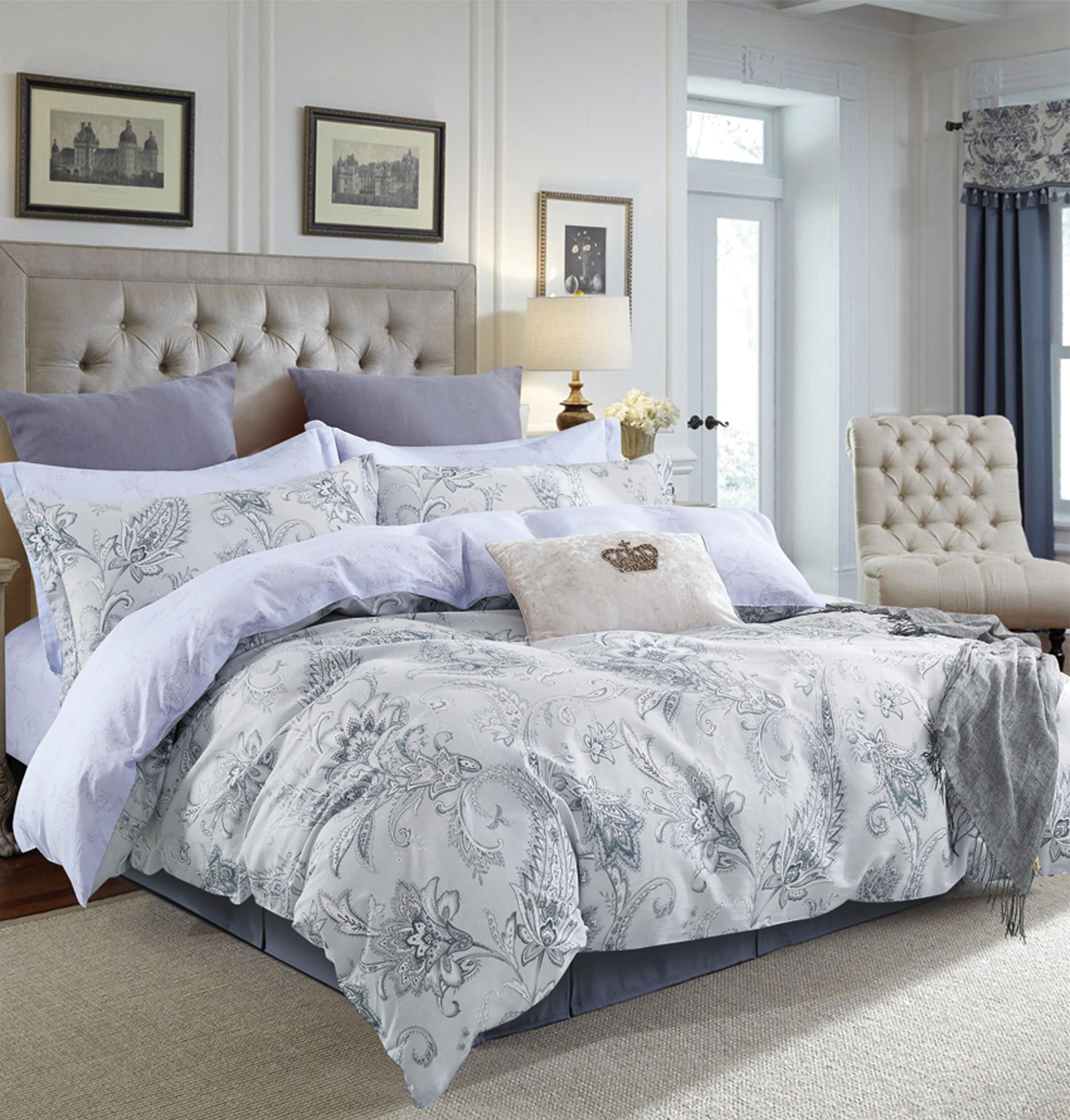 Gray Paisley 100% Cotton Bedding Set: Duvet Cover + Pillow Shams