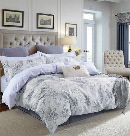 Gray Paisley 100% Cotton Bedding Set: Duvet Cover + Pillow Shams (or + Both Pillow Shams and Pillowcases)