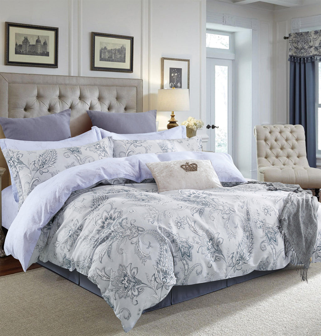 Gray Paisley 100% Cotton Bedding Set: Duvet Cover + Pillow Shams (or + Both Pillow Shams and Pillowcases)