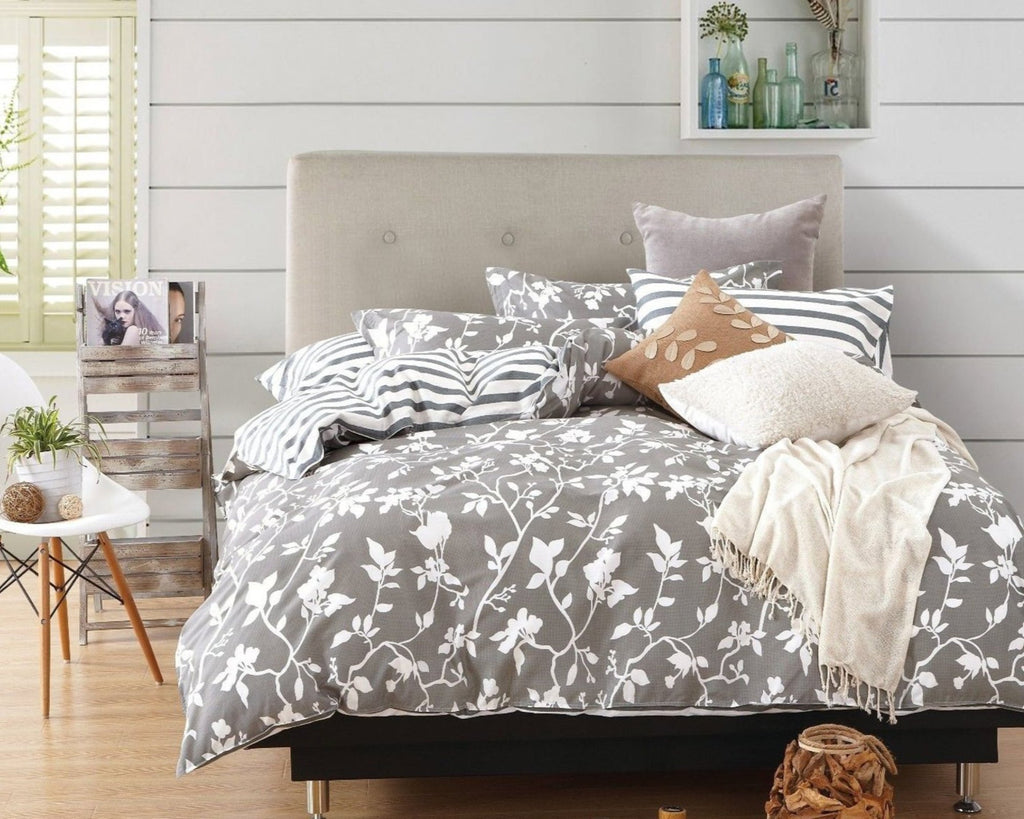 Grey leafy floral cotton duvet cover set, striped print at the reverse side.