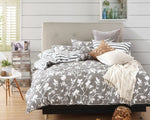 Grey leafy floral cotton duvet cover set, striped print at the reverse side.