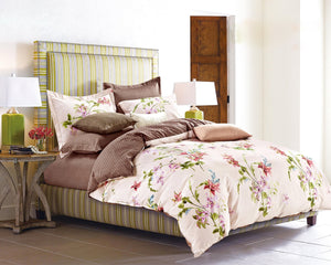 Lily Blossom cream floral cotton duvet cover set, plaid print at the reverse side.