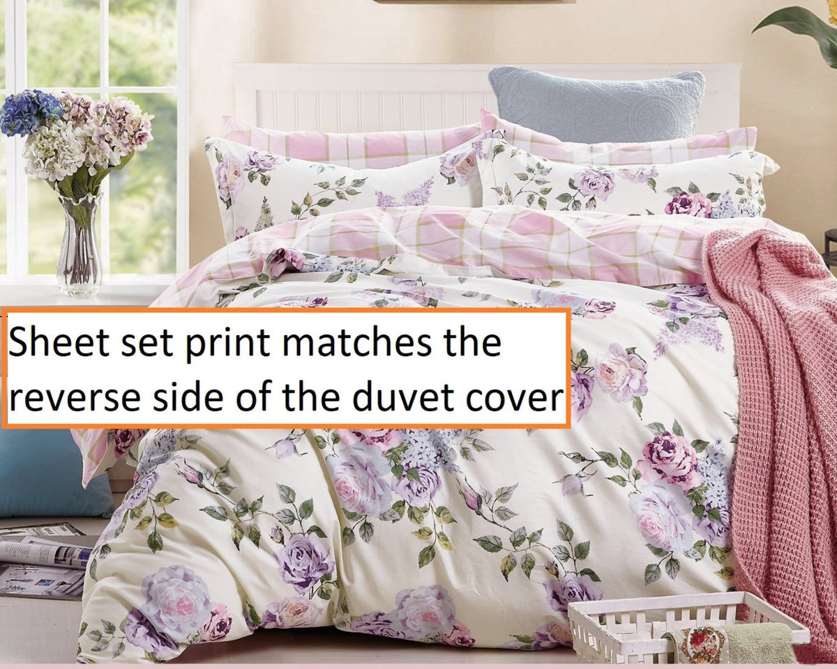 Pink Roses Sheets Pink Purple Roses 100% Cotton Sheet Set: Fitted Sheet, Flat Sheet and ...