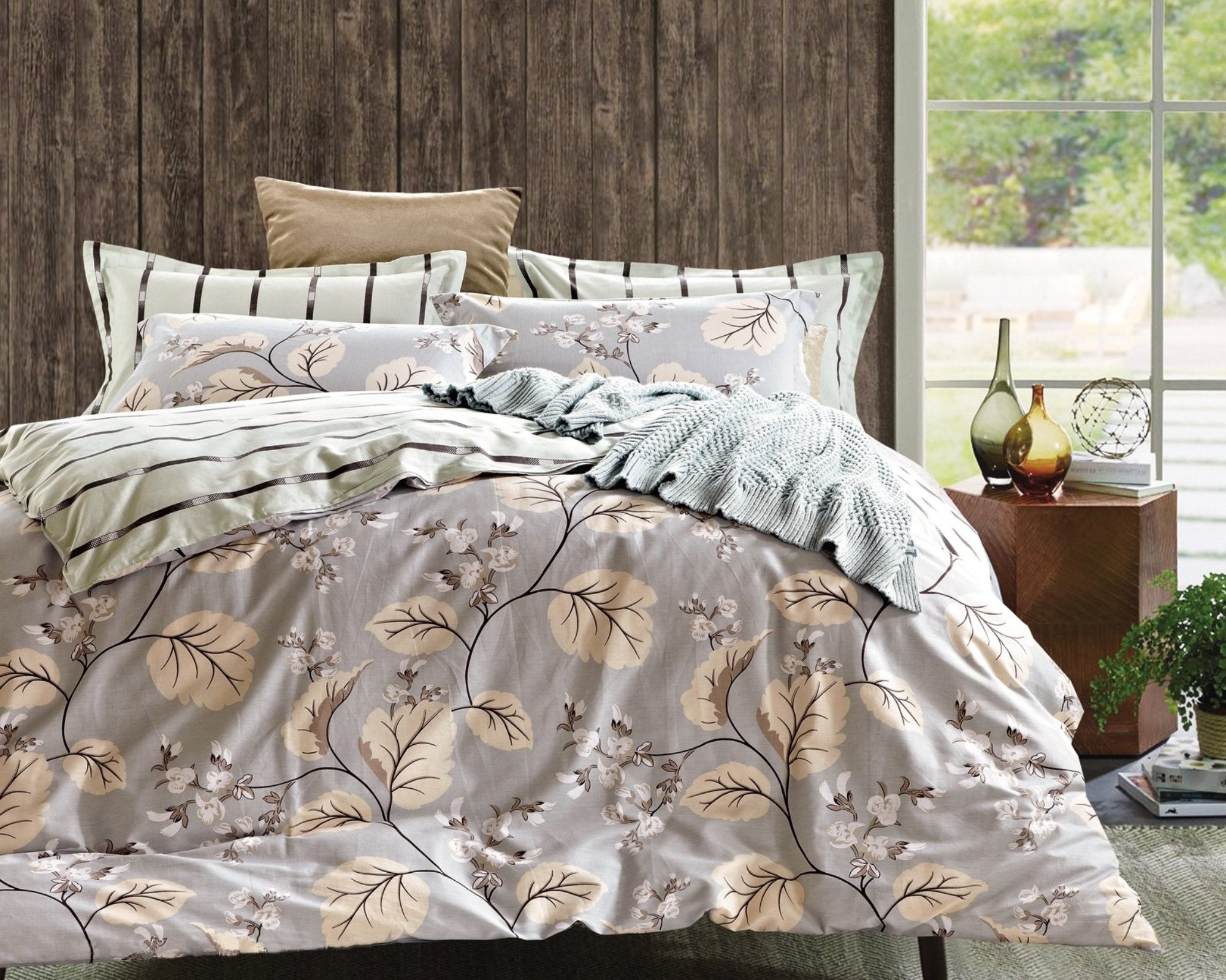 milky grey floral cotton duvet cover set, striped print at the reverse side.