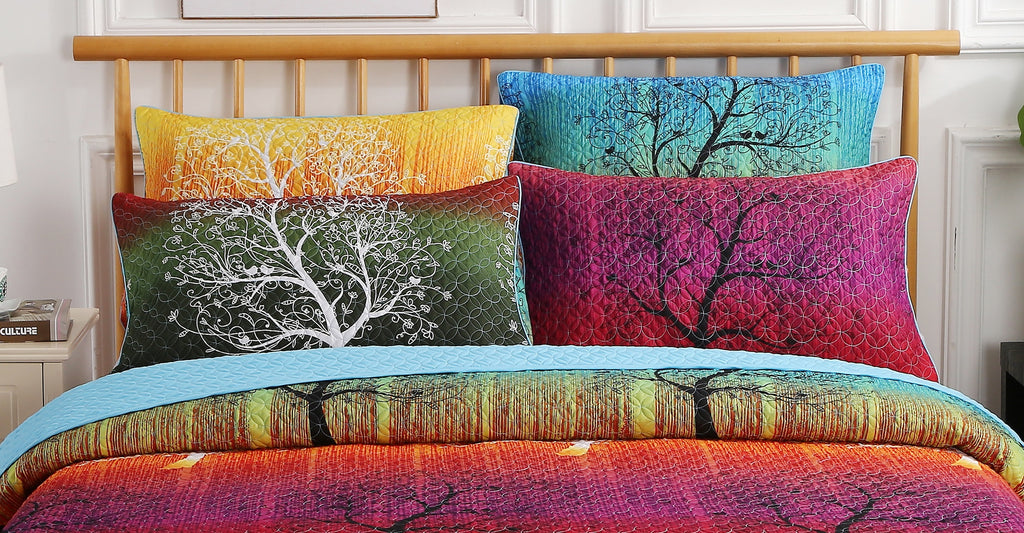 A Pair of Rainbow Tree Quilted Pillow Shams