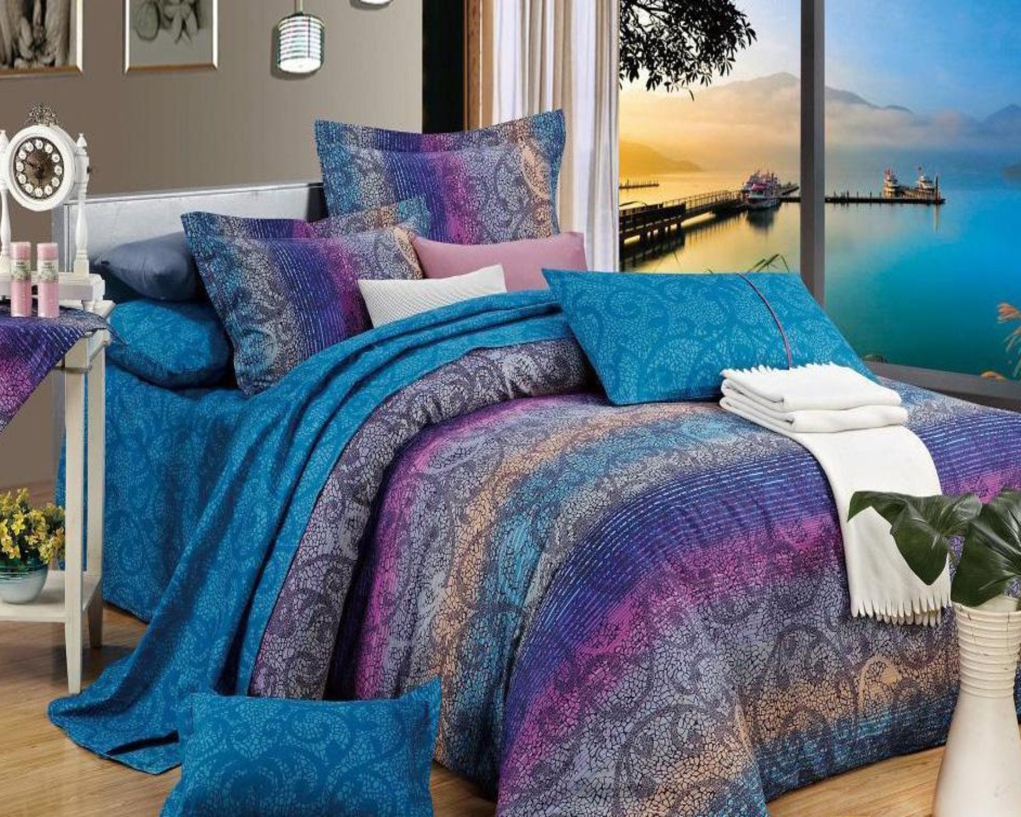 Fantasia multi-color floral cotton duvet cover set, blue floral print at the reverse side.
