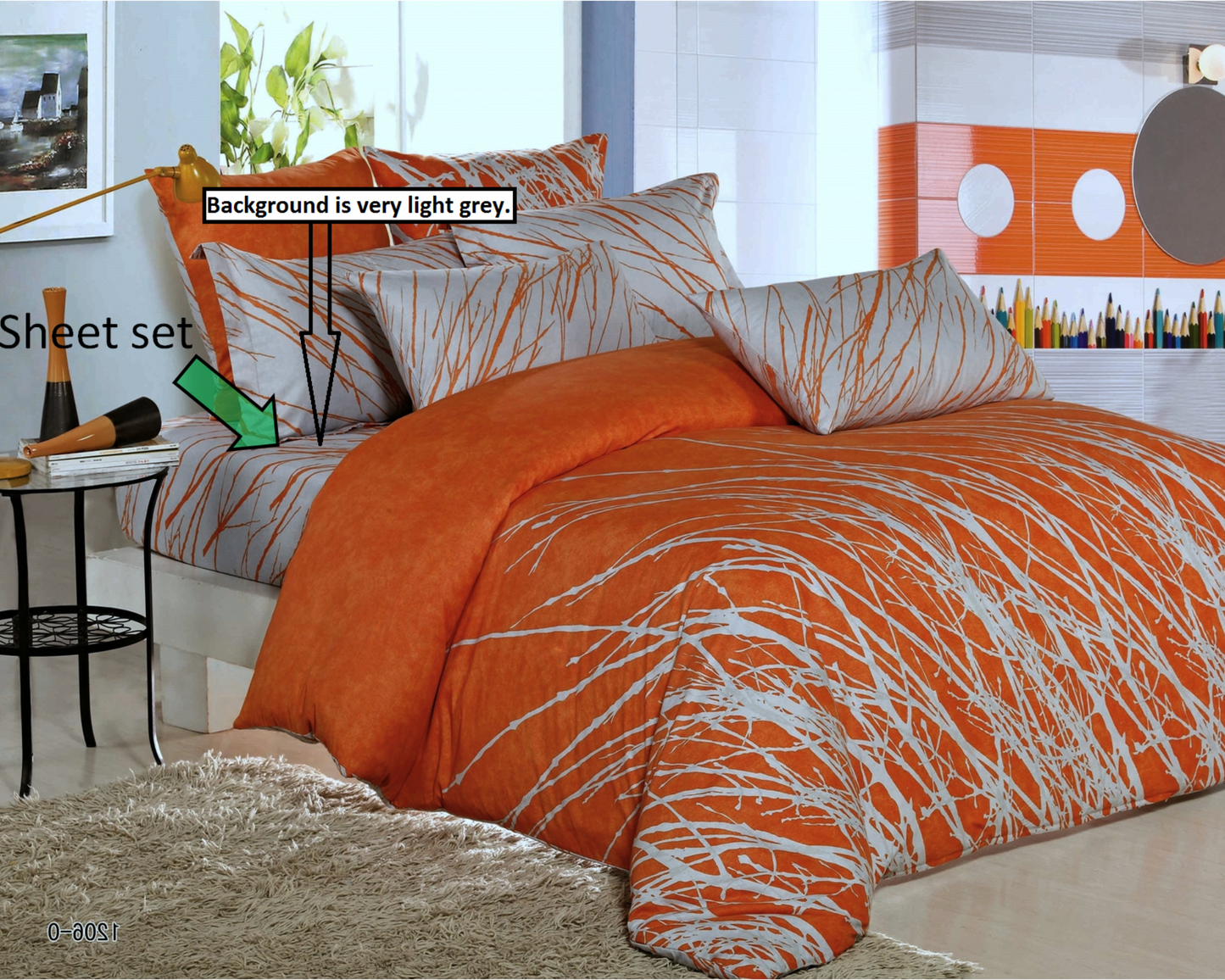 Orange-Light Grey tree branches sheet sets